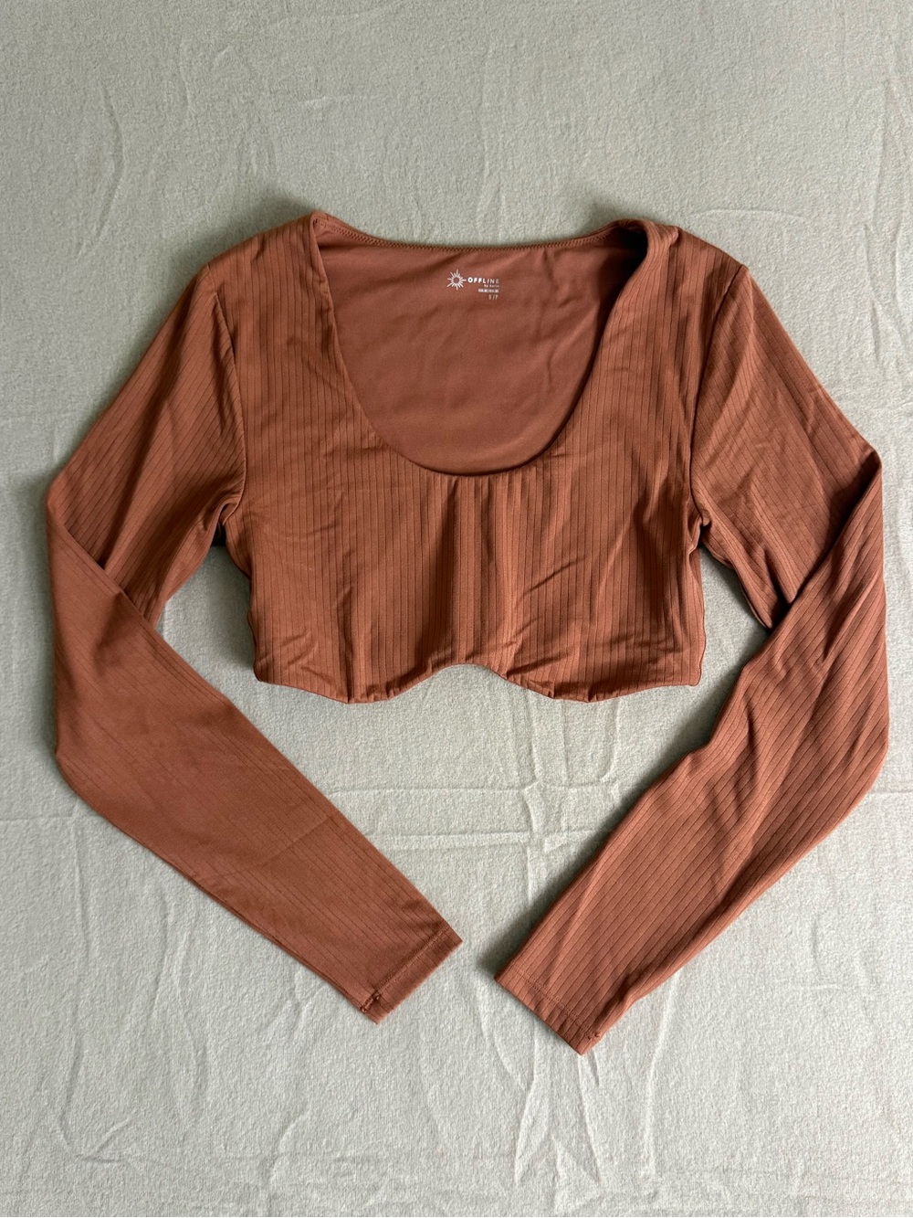 OFFLINE by Aerie Ribbed Cropped Long Sleeve Scoop Neck Top Rust Brown S